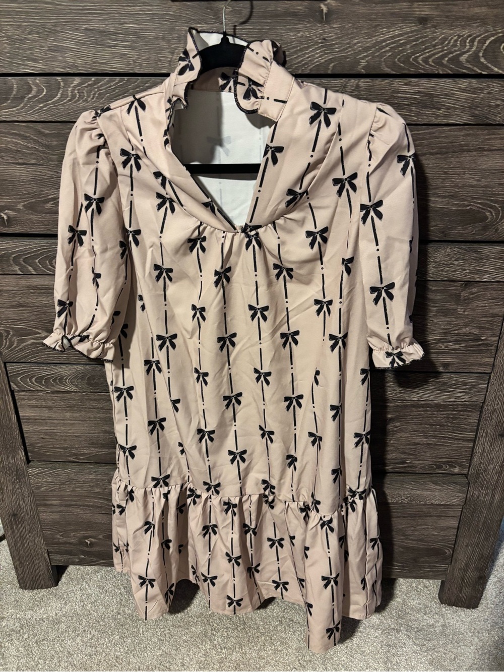Tan Bow Print Babydoll Dress